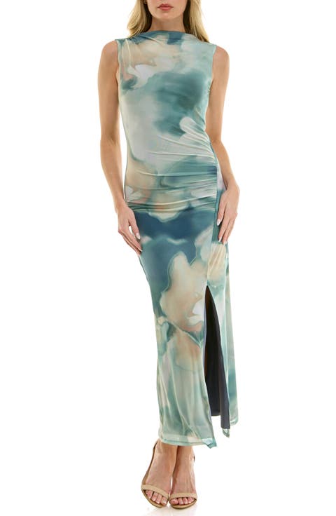 Abstract Print Ruched Maxi Dress