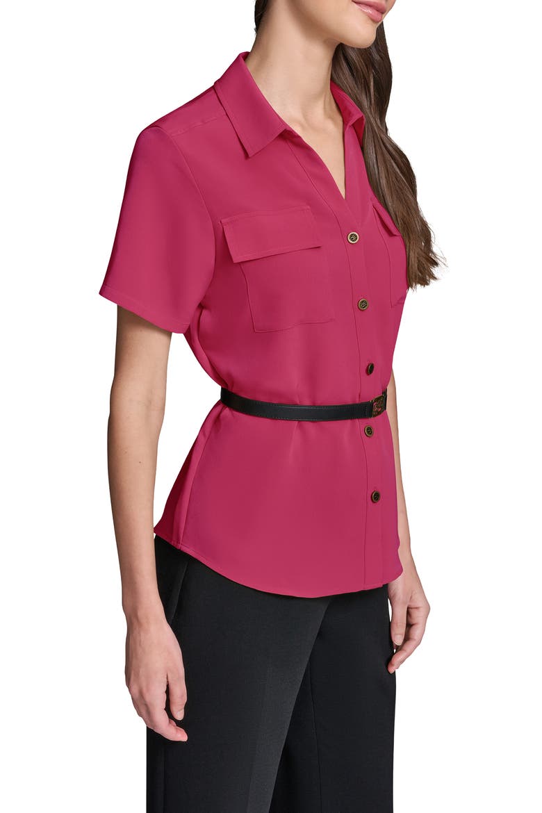 Belted Button-Up Shirt, Alternate, color, CURRANT