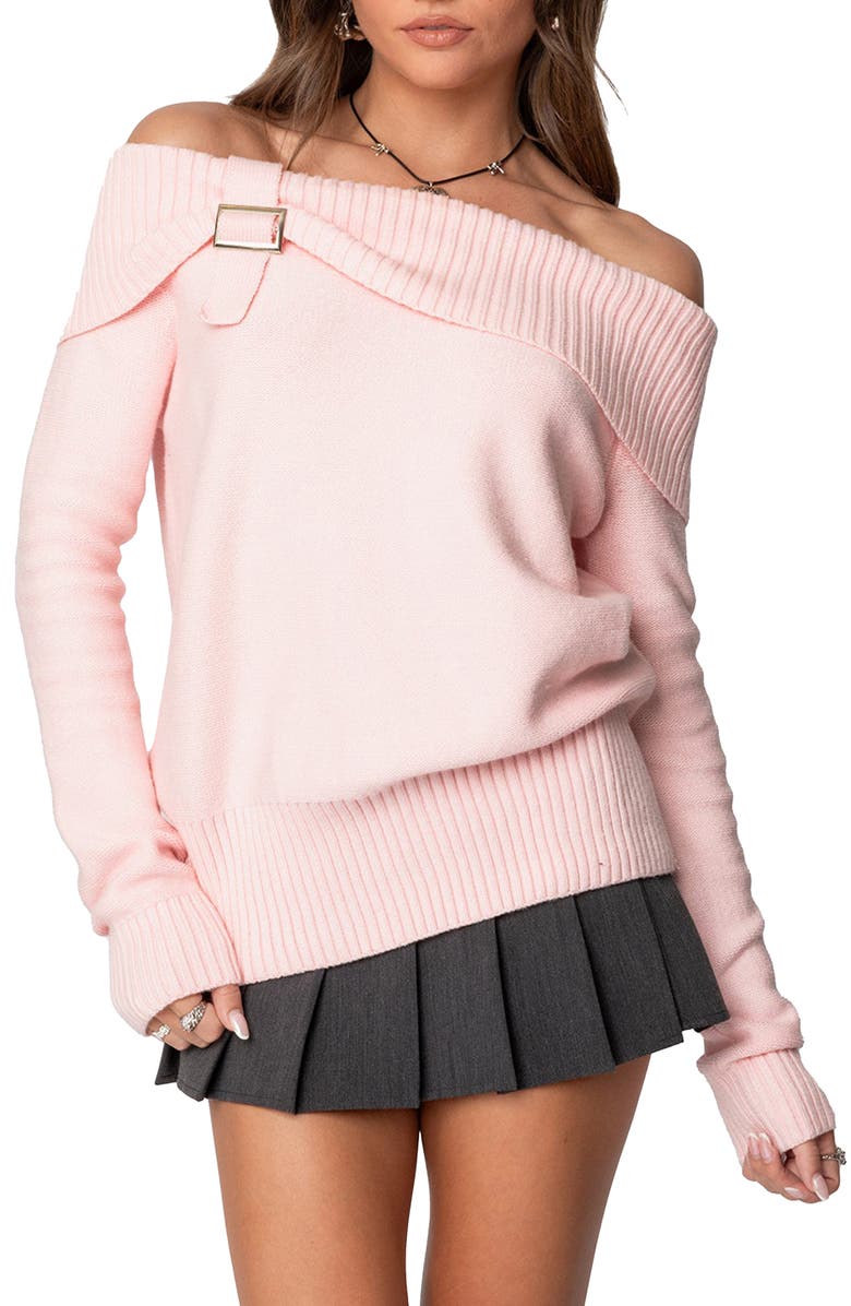 EDIKTED Marilyn Buckled Off the Shoulder Sweater, Main, color, Pink