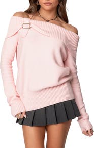 EDIKTED Marilyn Buckled Off the Shoulder Sweater