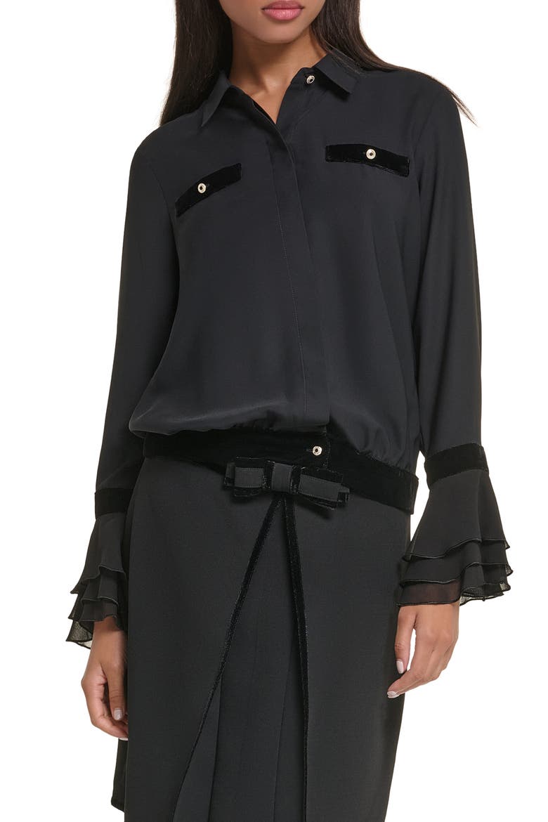 Velvet Trim Georgette Shirt, Main, color, BLACK