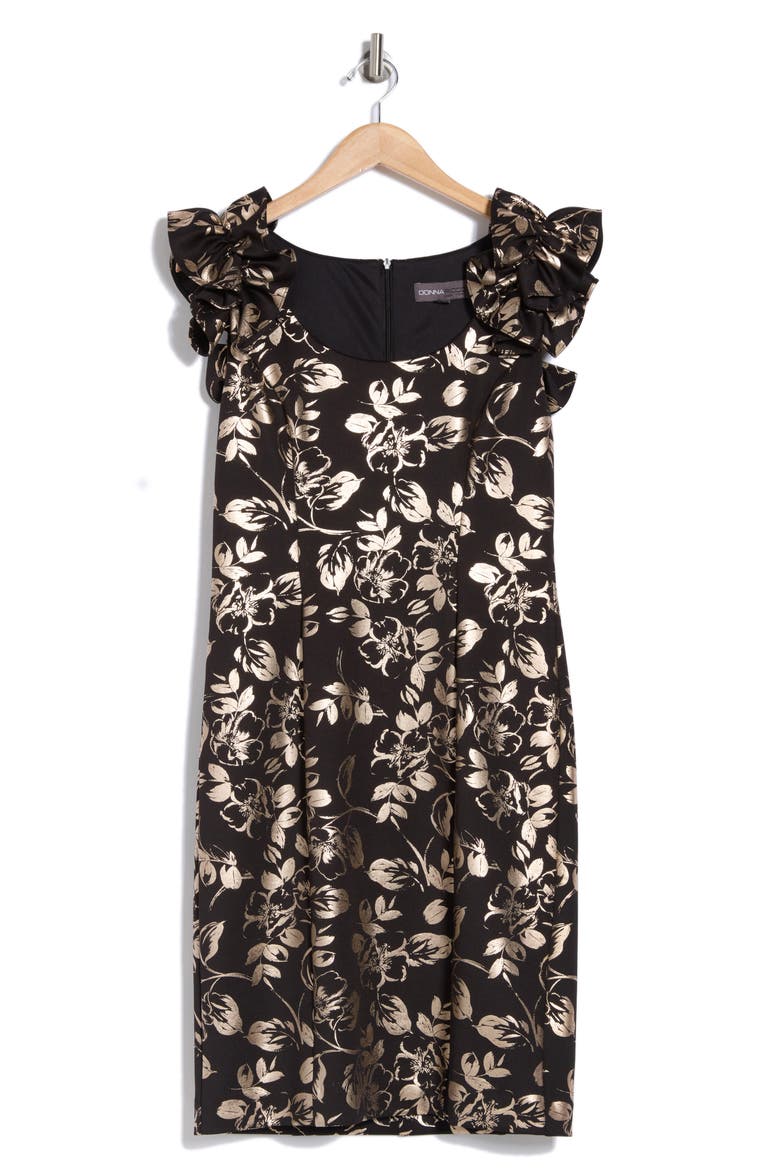 Floral Ruffle Sheath Dress, Alternate, color, BLACK/GOLD