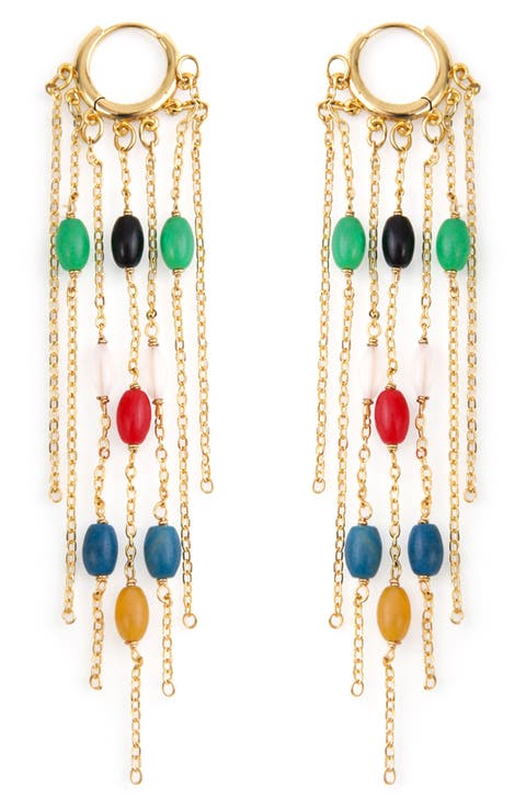 Stone Fringe Hoop Drop Earrings