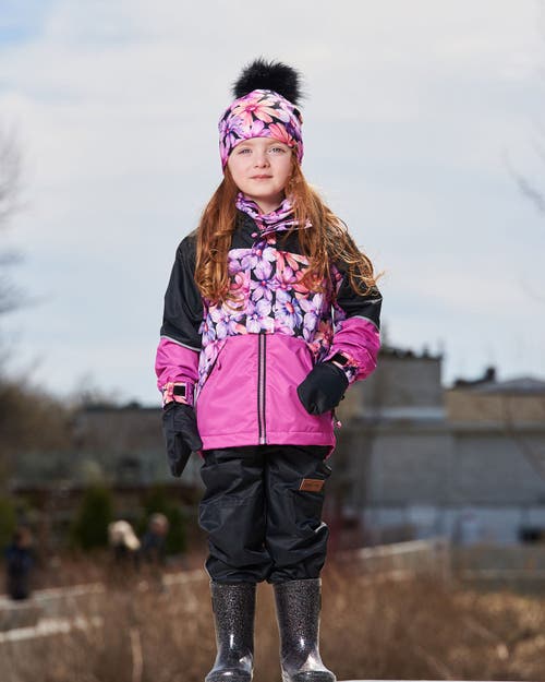 Deux Par Deux Girl's Two-piece Mid-season Outerwear Set Black With Pink And Orange Flowers In Black Pink And Orange Flowers