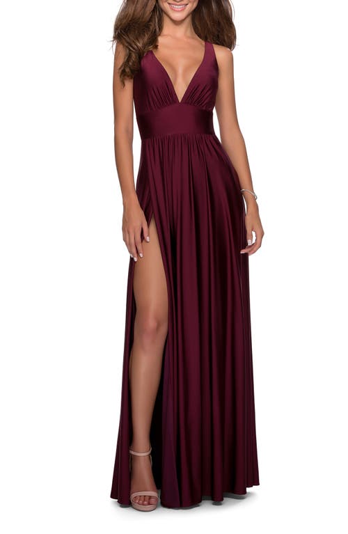 La Femme Empire Waist Gown With Deep V Neckline In Dark Berry