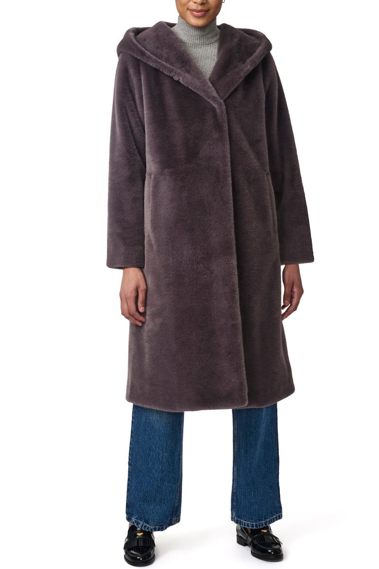 Shawl Collar Hoodded Faux Fur Coat, Main, color, GRAPHITE