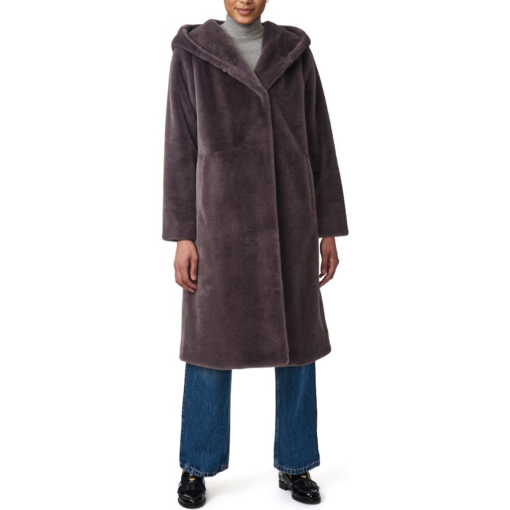 Bernardo Shawl Collar Hoodded Faux Fur Coat In Graphite