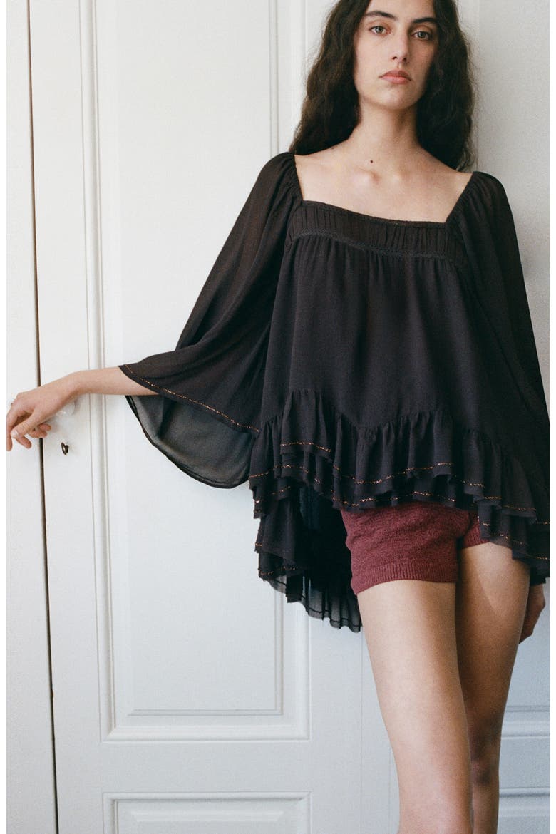 Bead Embellished Ruffle Tiered Tunic Top, Alternate, color, BROWN