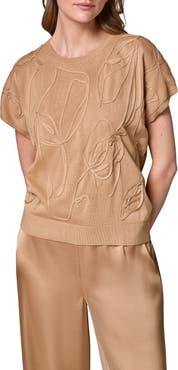 Donna Karan New York Embroidered Short Sleeve Cotton Sweater