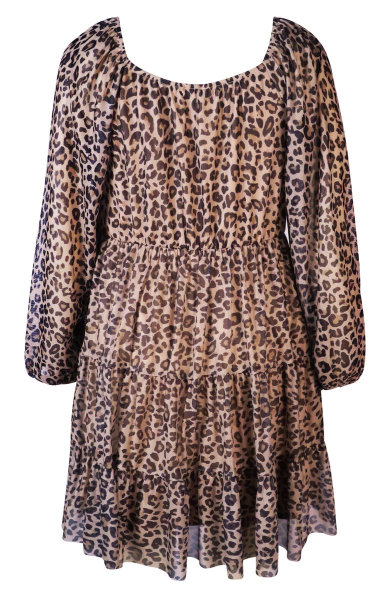 Zunie Kids' Leopard Print Long Sleeve Tiered Dress, Alternate, color, Brown/ Black