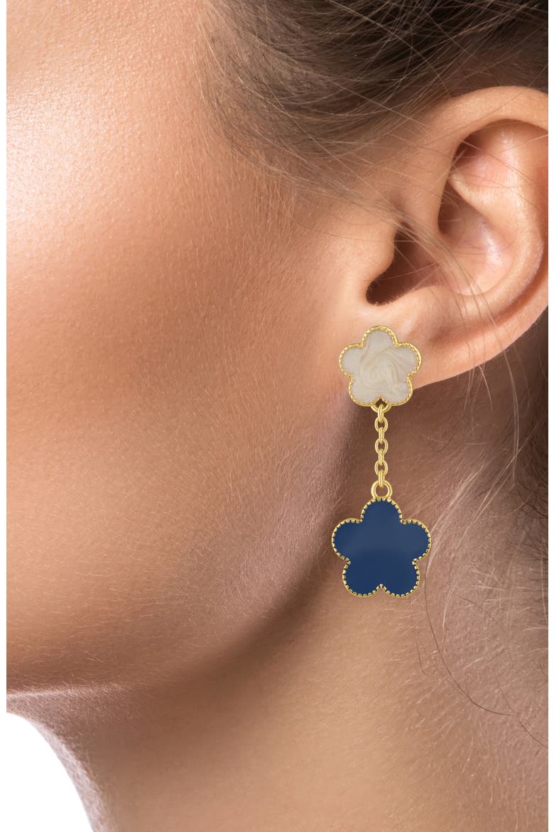 Enamel Double Flower Drop Earrings, Alternate, color, NAVY/ GOLD
