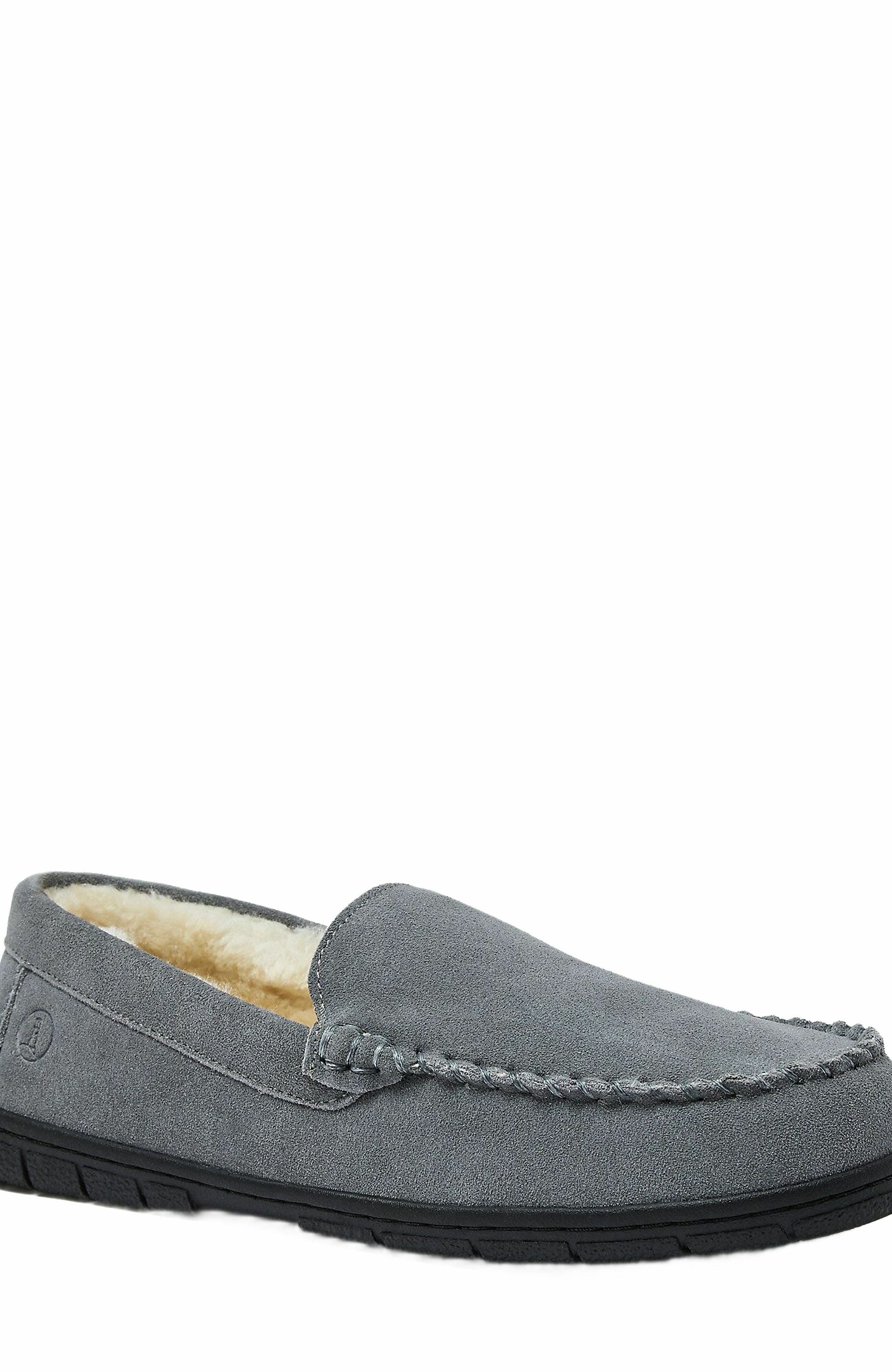 Lands' End Wide Width Fuzzy Lined Suede Moccasin Slippers, Alternate, color, Castle Rock Suede