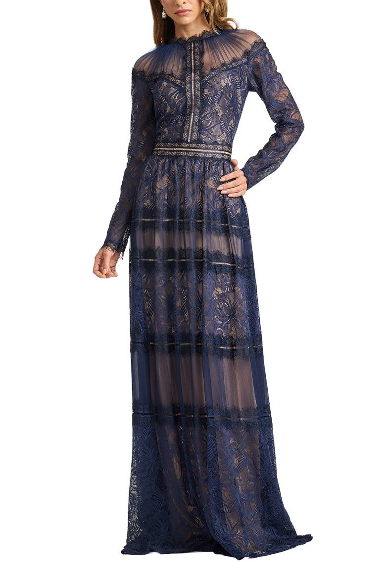 Lace Illusion Neck Long Sleeve Gown, Alternate, color, ROYAL NAVY/ NUDE