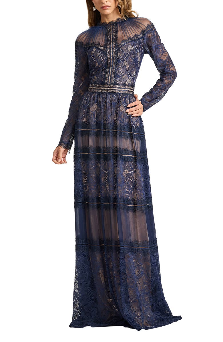 Tadashi Shoji Lace Illusion Neck Long Sleeve Gown, Alternate, color, Royal Navy/ Nude