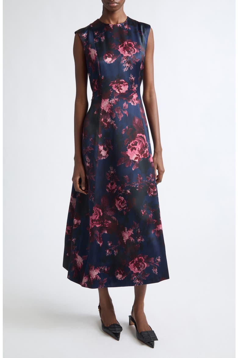 Floral Sleeveless Duchesse Satin Midi Dress, Main, color, FONTEYN ROSE INK
