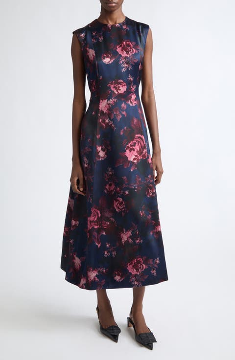 Floral Sleeveless Duchesse Satin Midi Dress
