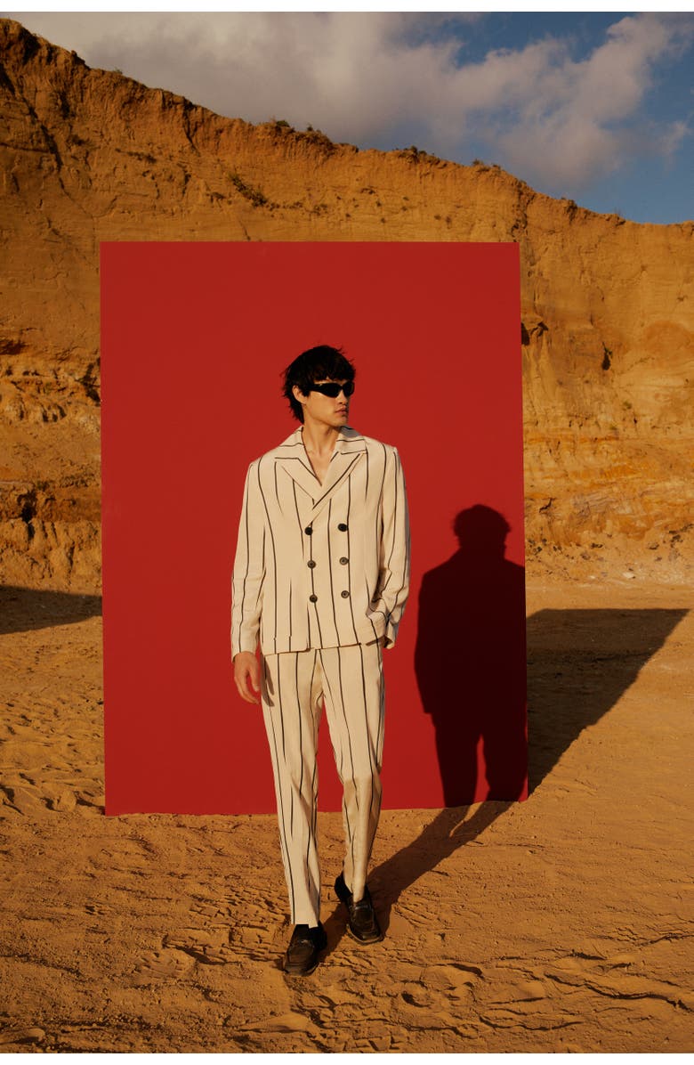 PCFG Silk & Linen Blend Free Heaven Kutnia Striped Oversized Blazer, Alternate, color, Beige