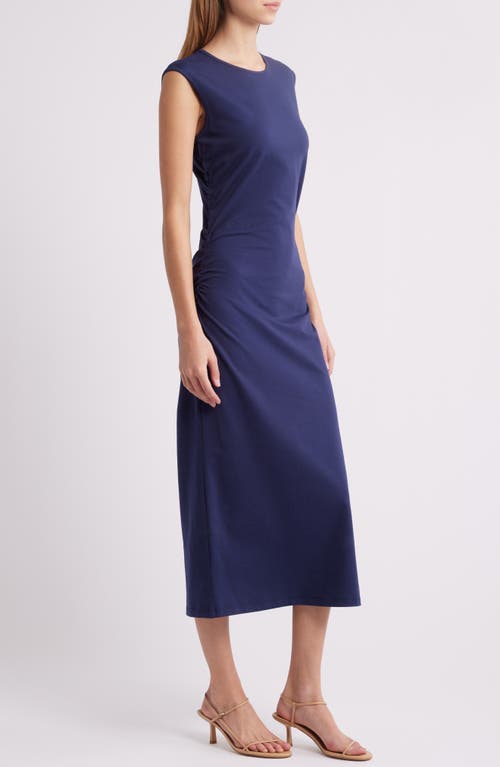 Charles Henry Ruched Sleeveless Stretch Cotton Midi Dress In Navy