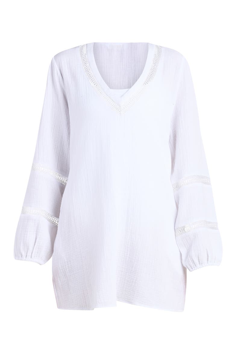 Seaside Lace Inset Long Sleeve Cotton Cover-Up Dress, Alternate, color, WHITE