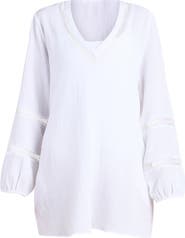 La Blanca Seaside Lace Inset Long Sleeve Cotton Cover-Up Dress