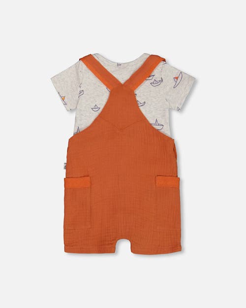 Deux Par Deux Baby Boy's Printed Organic Cotton Bodysuit And Muslin Shortall Set Terracotta And Smal In Terracotta And Small Boat