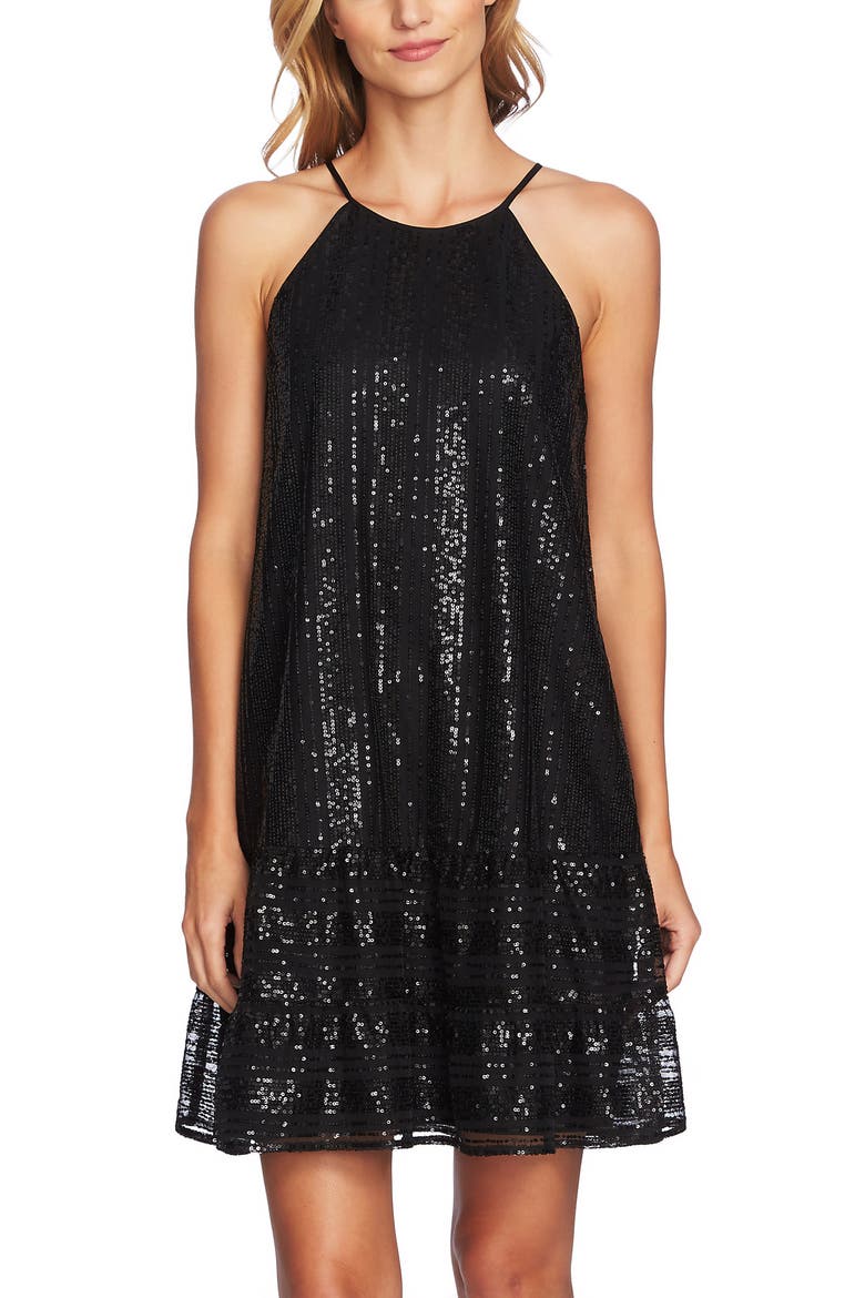 Sequin Ruffle Trim Dress, Alternate, color, RICH BLACK
