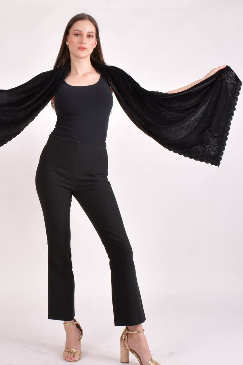 Hand Embroidered Velvet Beaded Scarf, Alternate, color, Black