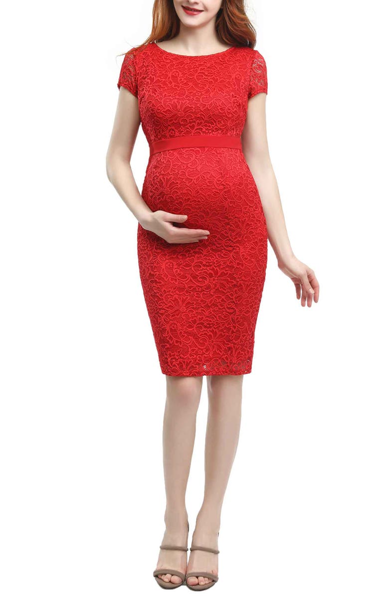 Kimi & Kai Nancy Cap Sleeve Lace Maternity Midi Dress, Main, color, Red