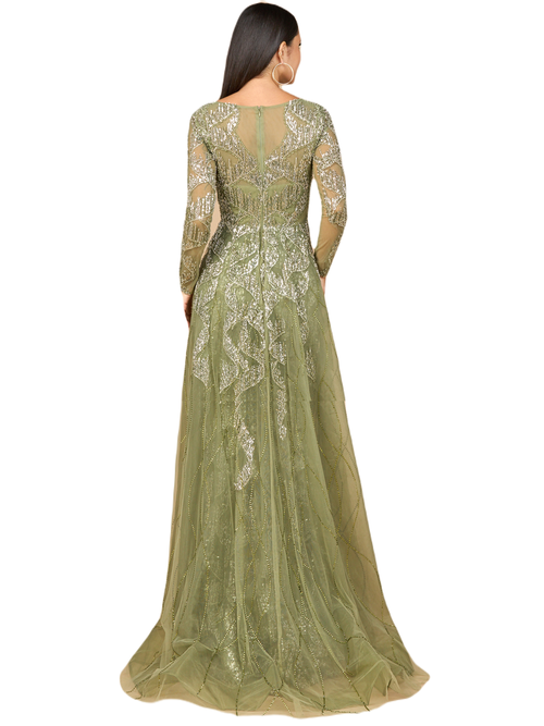 Lara New York Long Sleeve Gown With Overskirt & High Neck In Green