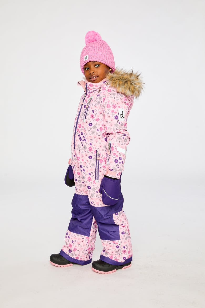 Play Flower Faux Fur Hood & Expandable Sleeve One Piece Snowsuit, Alternate, color, Pink Printed Mini Flowers