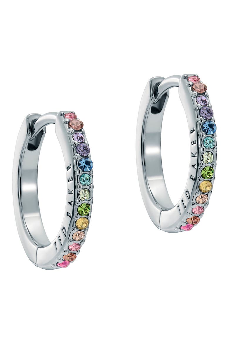 Heplie Pavé Hoop Earrings, Main, color, SILVER TONE/ RAINBOW CRYSTAL