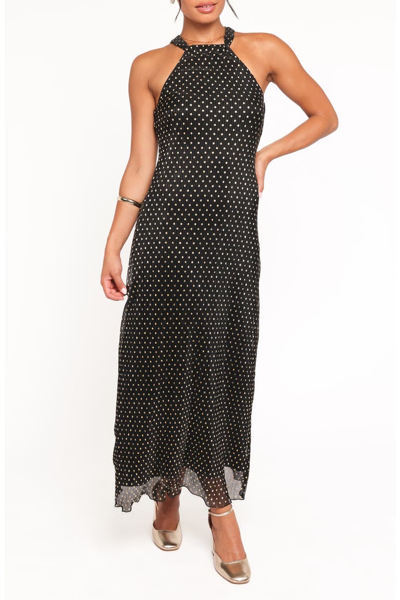Melody Plissé Metallic Dot Cocktail Dress, Main, color, BLACK/ GOLD POLKA DOT