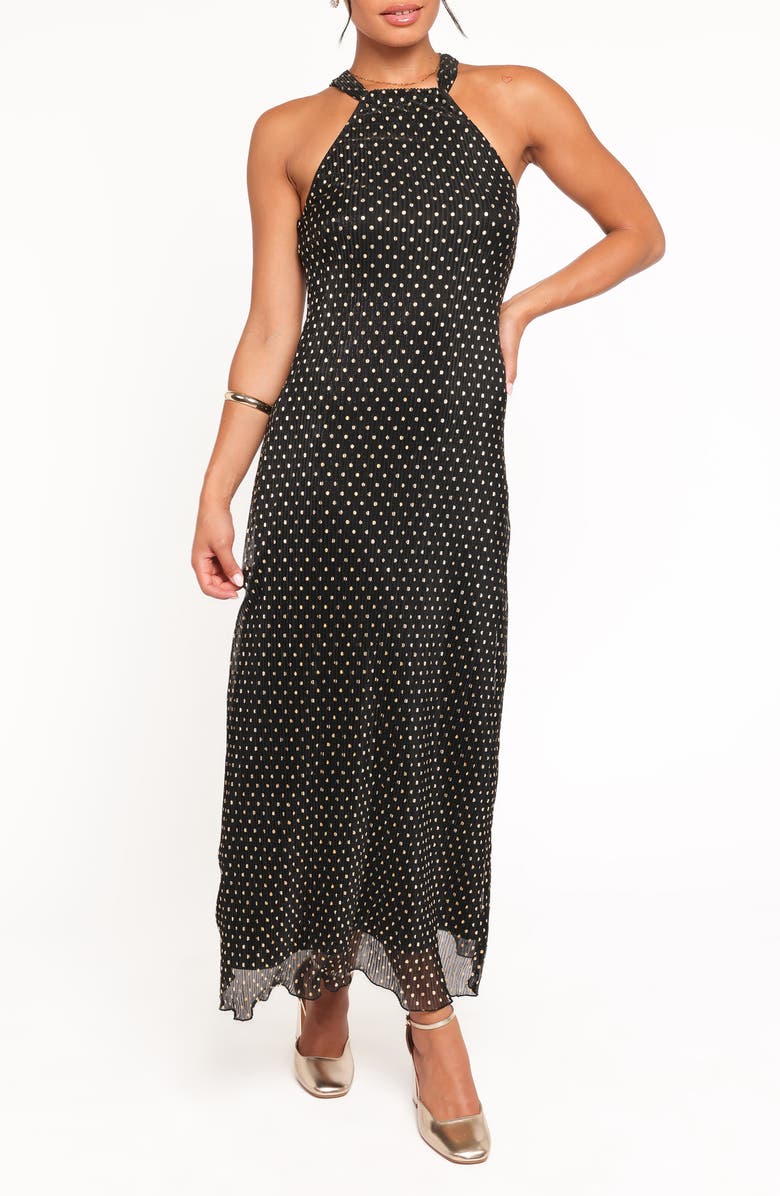 Petal & Pup Melody Plissé Metallic Dot Cocktail Dress, Main, color, Black/ Gold Polka Dot