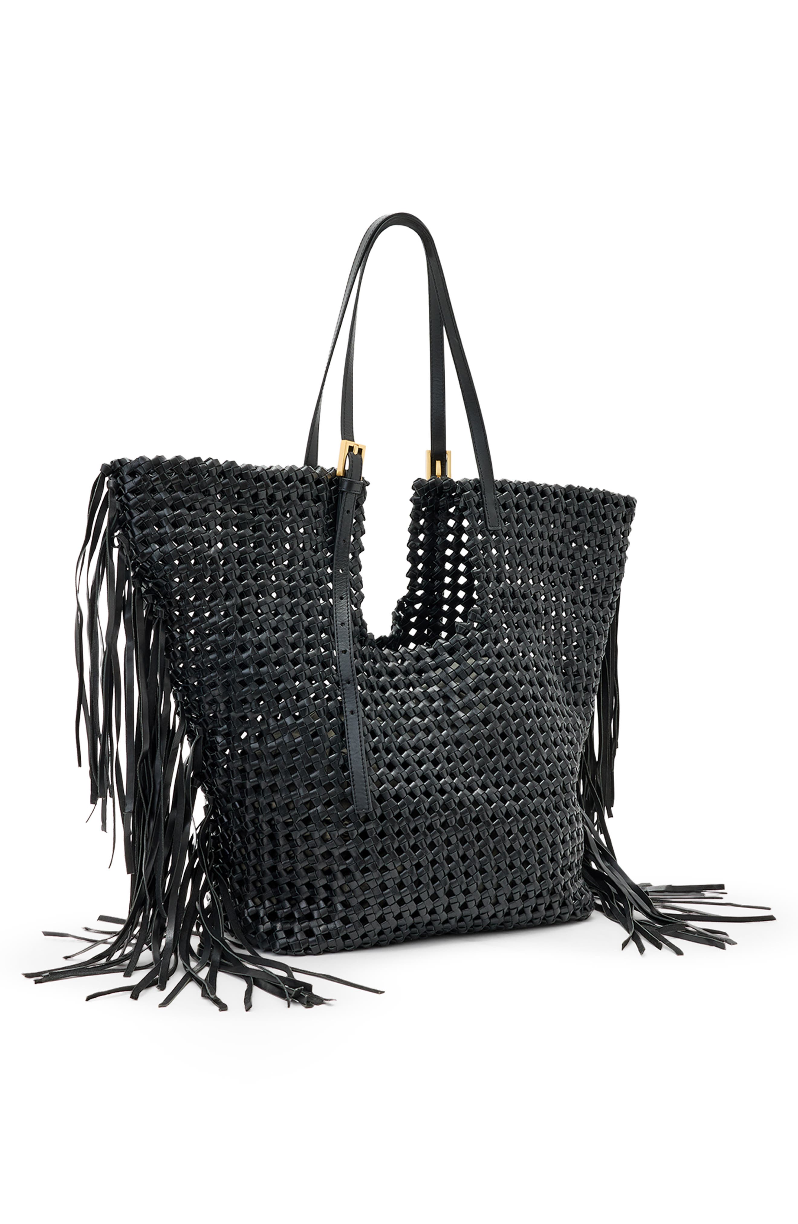 AllSaints Ara East West Woven Leather Tote, Alternate, color, Black