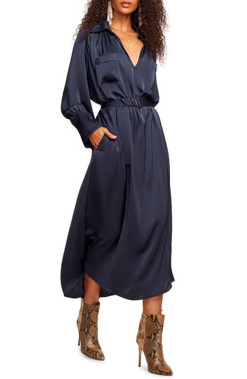 Ramy Brook Cecilia Belted Long Sleeve Satin Dress In Blue