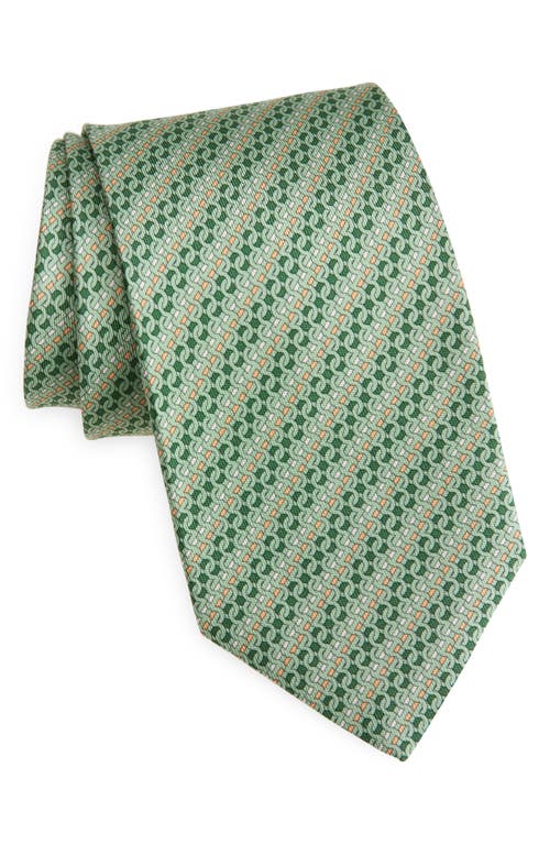 Ferragamo Printed Silk Tie With Interlocking Gancini And Regimental Stripes In Green