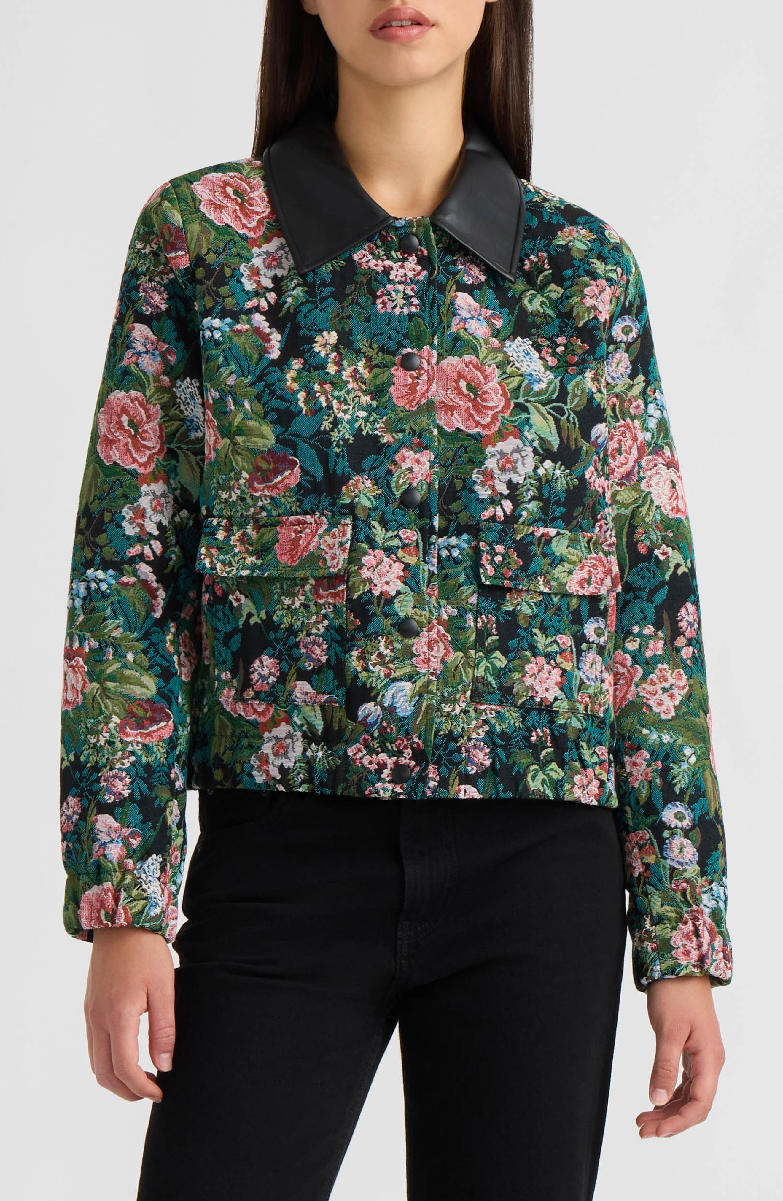 Floral Tapestry Faux Leather Collar Bomber Jacket