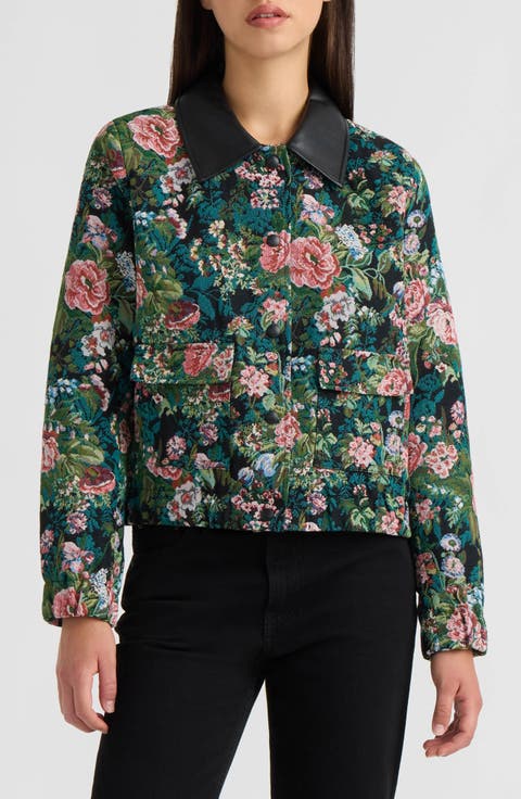 Floral Tapestry Faux Leather Collar Bomber Jacket
