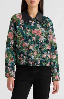 Floral Tapestry Faux Leather Collar Bomber Jacket