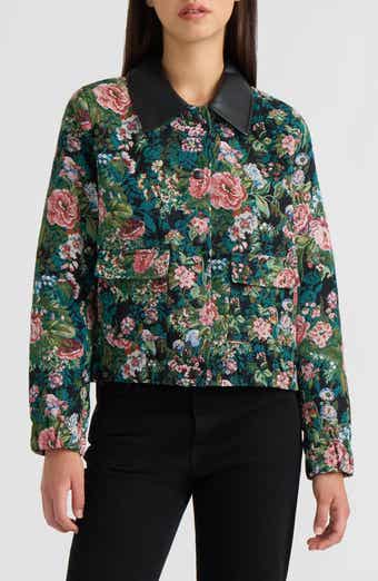 Floral Tapestry Faux Leather Collar Bomber Jacket