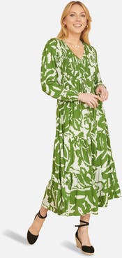 Yumi Abstract Print Ruched V-Neck Midi Dress