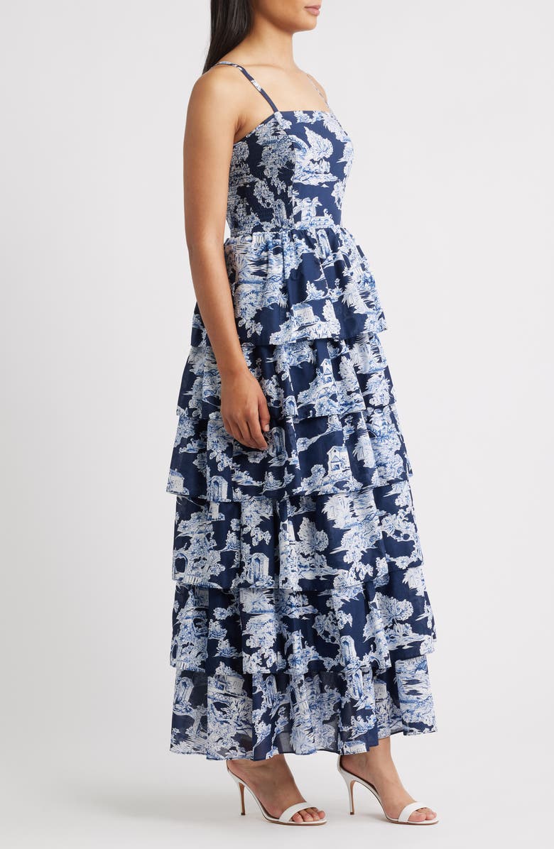 Eliza J Mixed Print Tiered Cotton Maxi Dress, Alternate, color, Navy Ivory