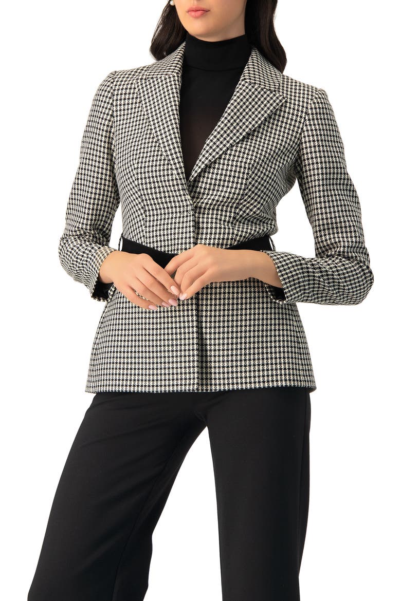 Belted Checkered Blazer with Pockets, Main, color, Black