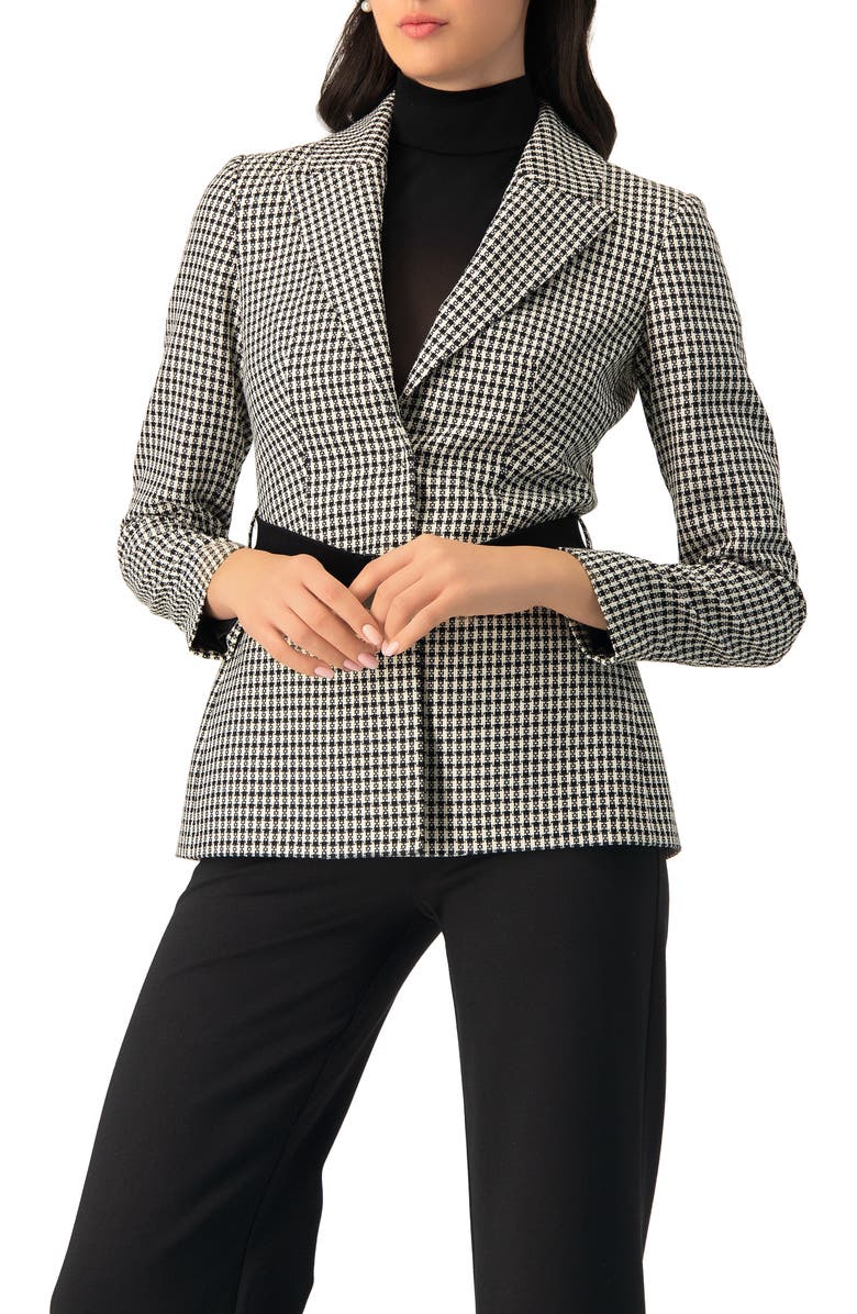 IVONNE Belted Checkered Blazer with Pockets, Main, color, Black