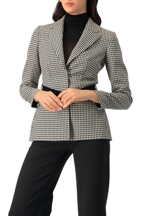 Belted Checkered Blazer with Pockets