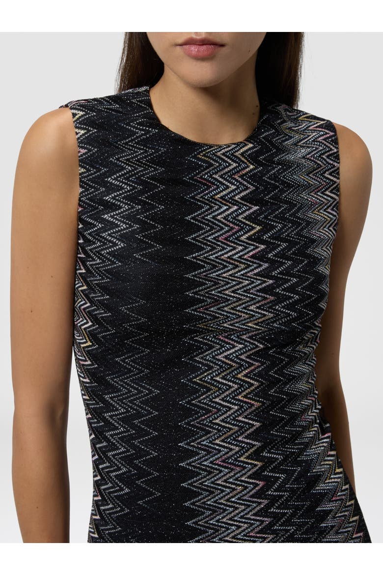 Flared Midi Dress In Viscose Lamé Chevron, Alternate, color, Black