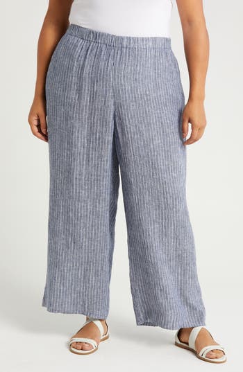 Eileen Fisher Stripe Crop Organic Linen Wide Leg Pants In Blue