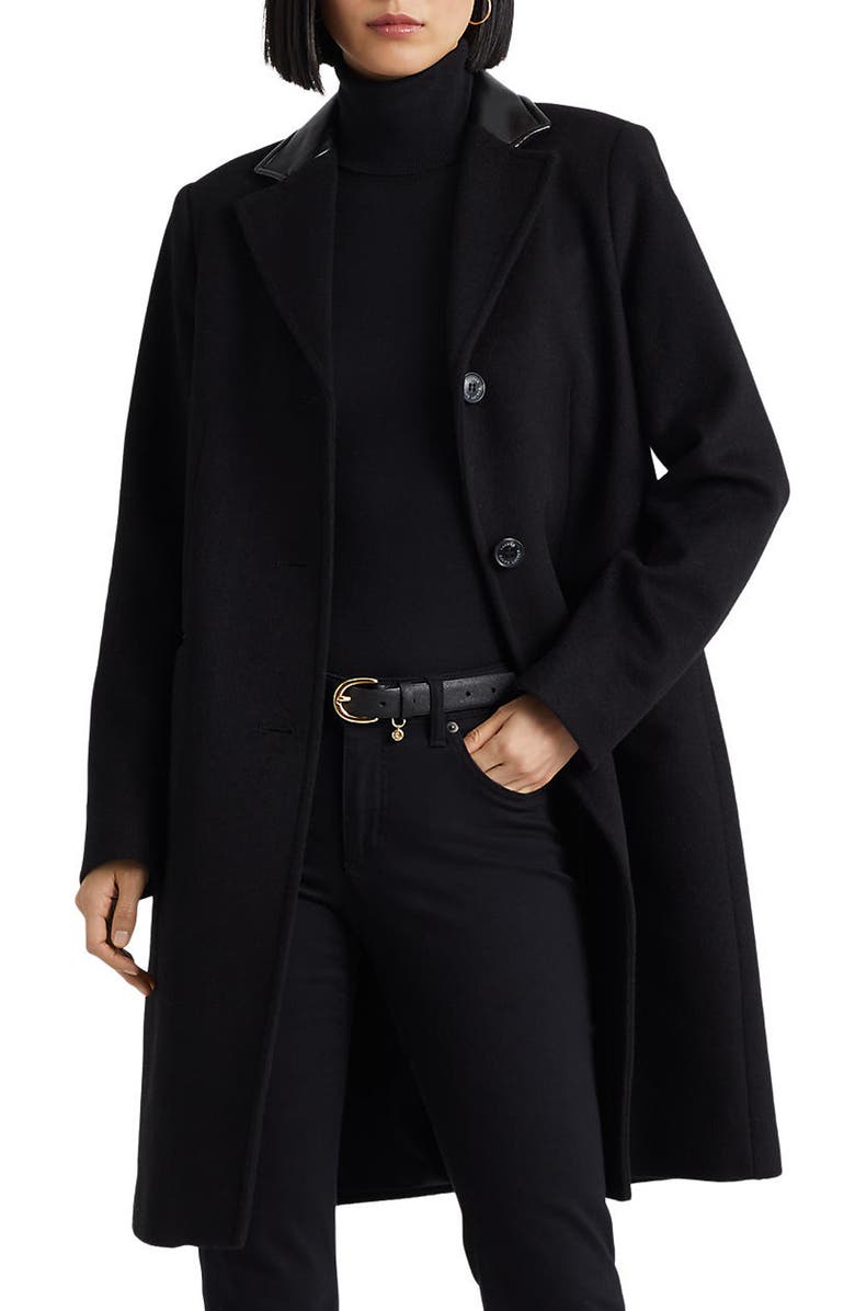 Lauren Ralph Lauren Faux Leather Trim Wool Blend Longline Coat, Main, color, 