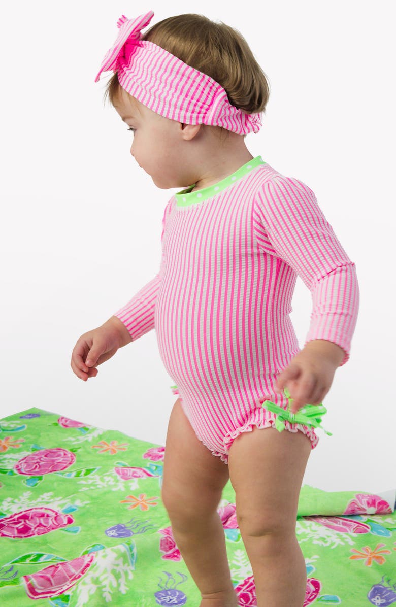RuffleButts Kids' Seersucker One-Piece Rashguard Swimsuit, Alternate, color, Pink