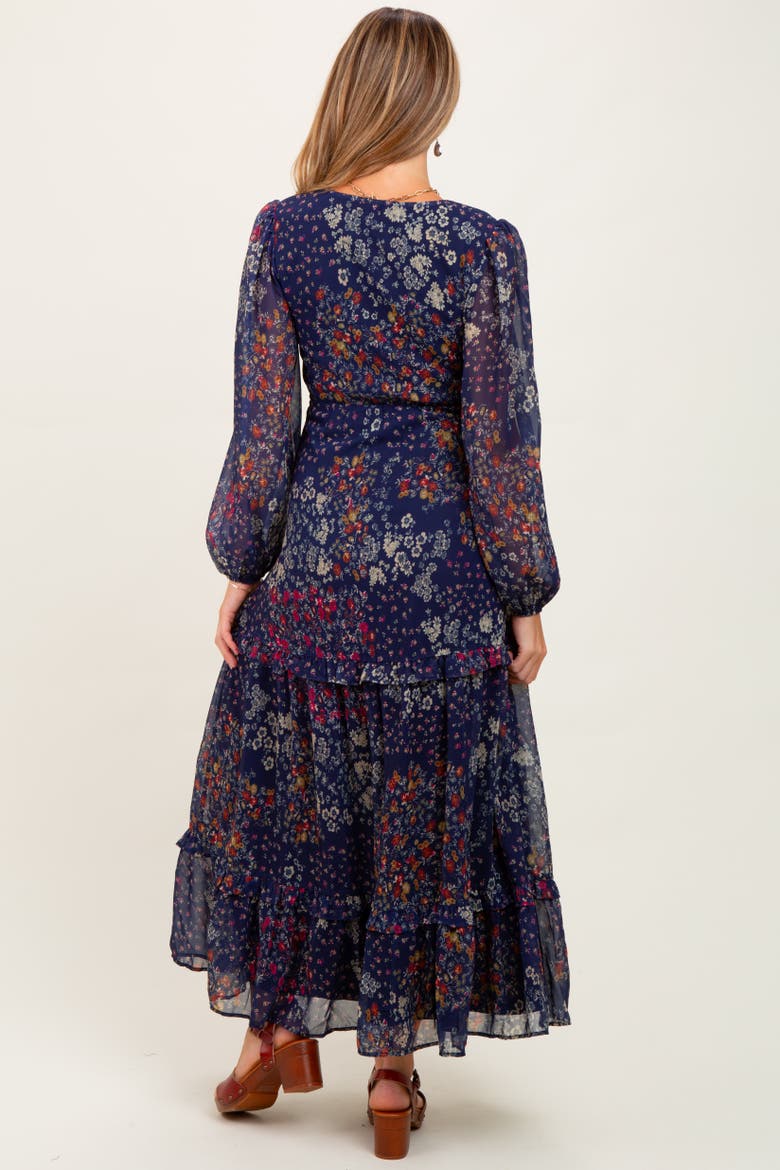 Floral Chiffon V-Neck Long Sleeve Maxi Dress, Alternate, color, Navy Blue